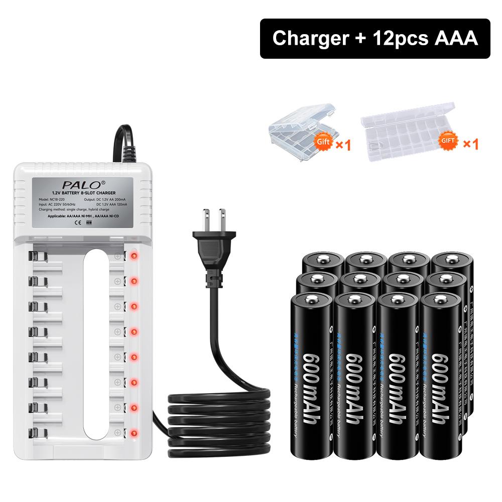 PALO 1.2V AA Ni-MH Battery 1300mah +AAA Rechargeable Batteries 600mah for Toy alarm clock with 8 slots Smart 2A 3A Battery Charger