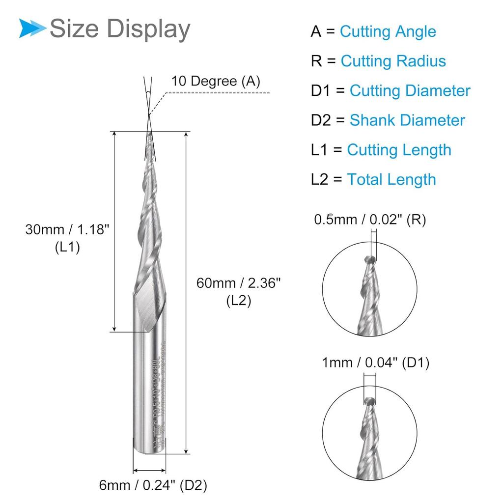 Tapered Ball Nose End Mill, 0.5mm Radius 6mm Shank 10 Degree Angle, Micro-Grain Carbide 2 Flutes Milling Cutter CNC Router Bit - (Applications: for