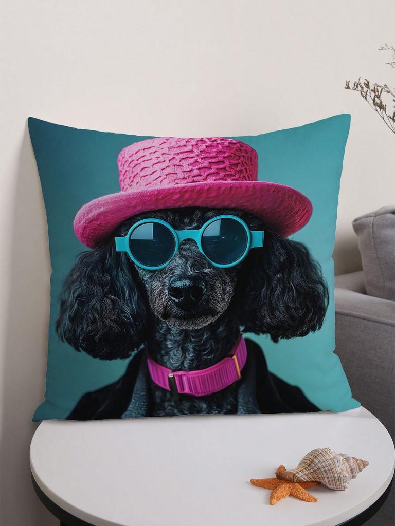 Funny Poodle Pillowcase Dog with Hat Cushion Cover Colorful Animal Print Quirky Home Decor Pet Lover Gift