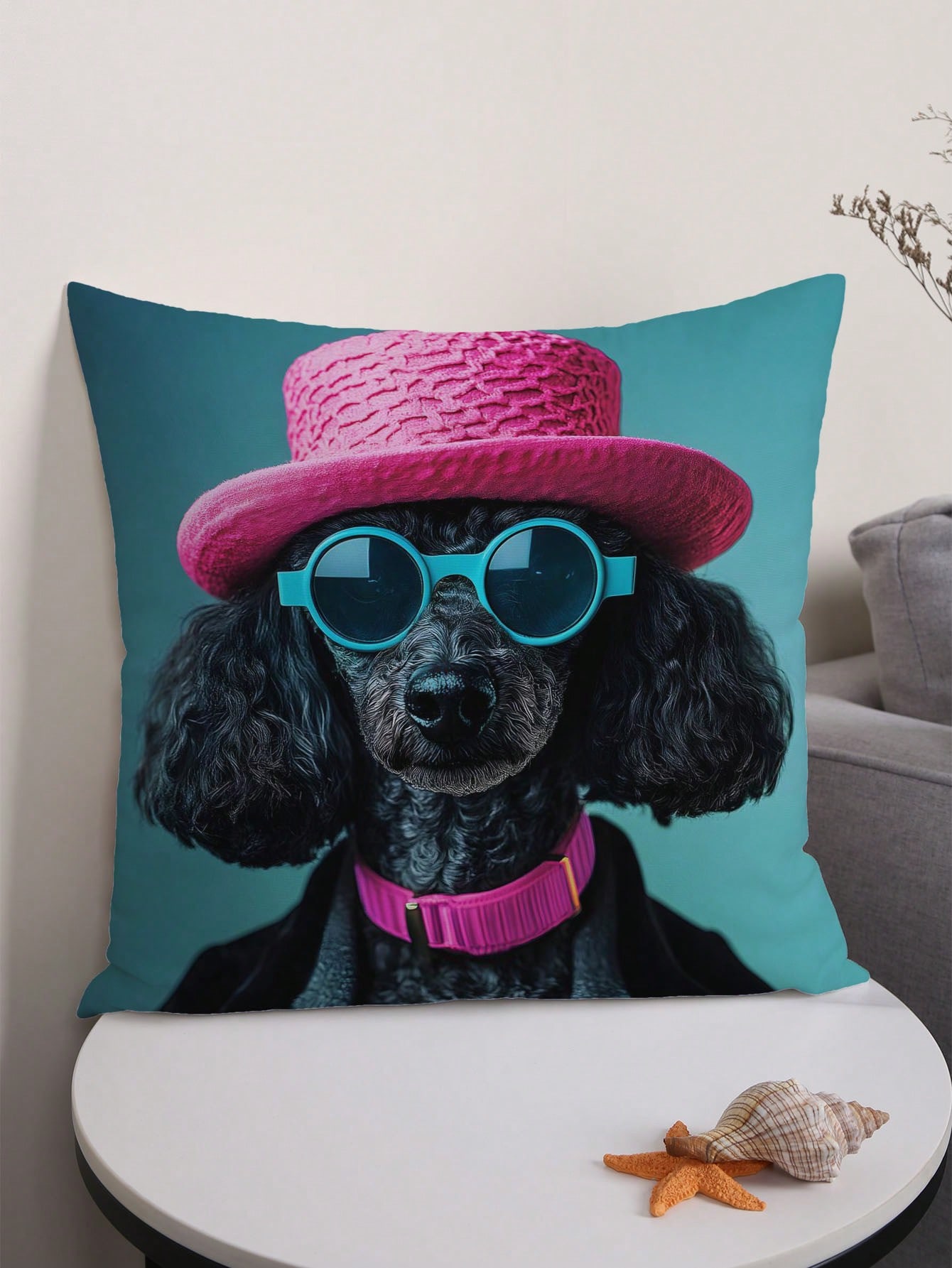Funny Poodle Pillowcase Dog with Hat Cushion Cover Colorful Animal Print Quirky Home Decor Pet Lover Gift 40x40 cm