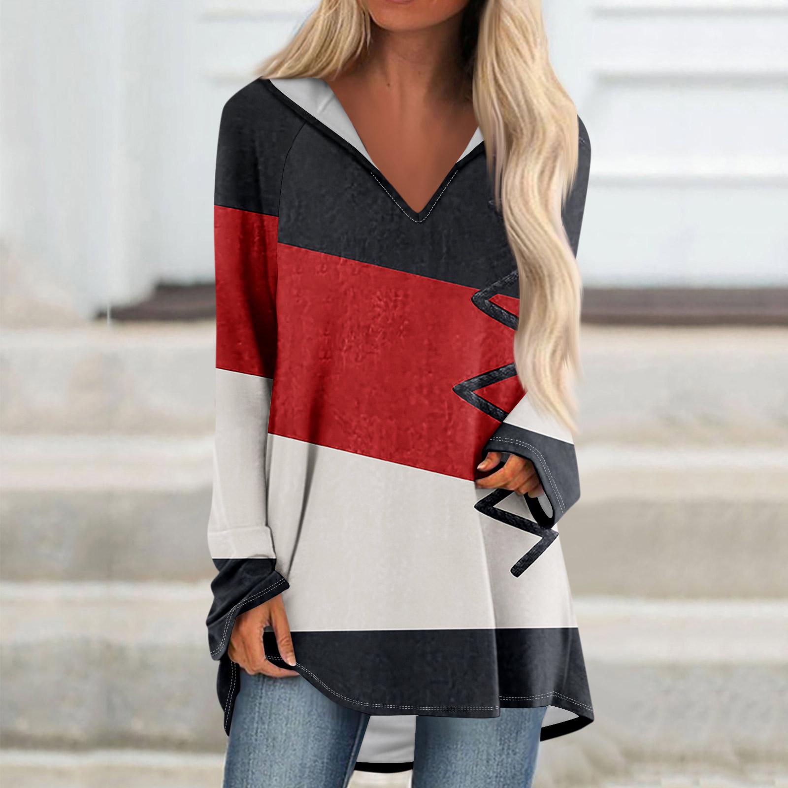 Женские свободные топы с V-образным вырезом и капюшоном с длинными рукавами — фото 9