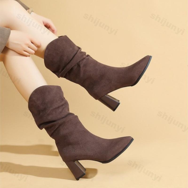 Women's Cowboy Boots Autumn Winter New Non Slip Pointed Toe Comfortable Medium Shoes Height Increase Fashion Vintage Short Boots