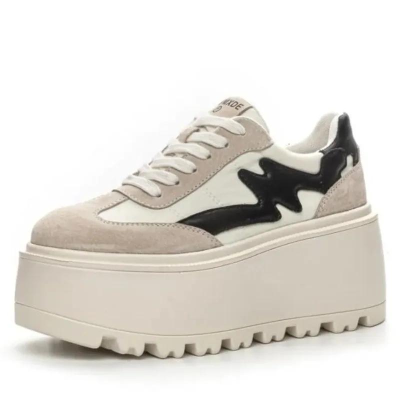 Fashion High quality 8cm Women Chunky Sneakers New Fashion Autumn Spring Shoes Cloth Pigskin Casual Platform Wedge Pumps Genuine Leather