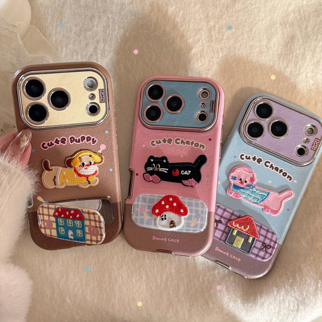 Embroidered Cats and Puppies for IPhone17promax for Apple 16 Mobile Phone Case 15 for 13 Color Leather 11 Mirror