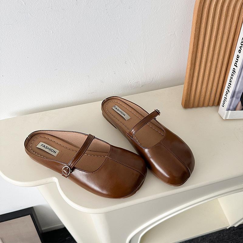 

French ins bag head half slippers women s summer wear Korean version round head soft leather flat bottom versatile grandma shoes wedge heel 40 тёмно-рыжий