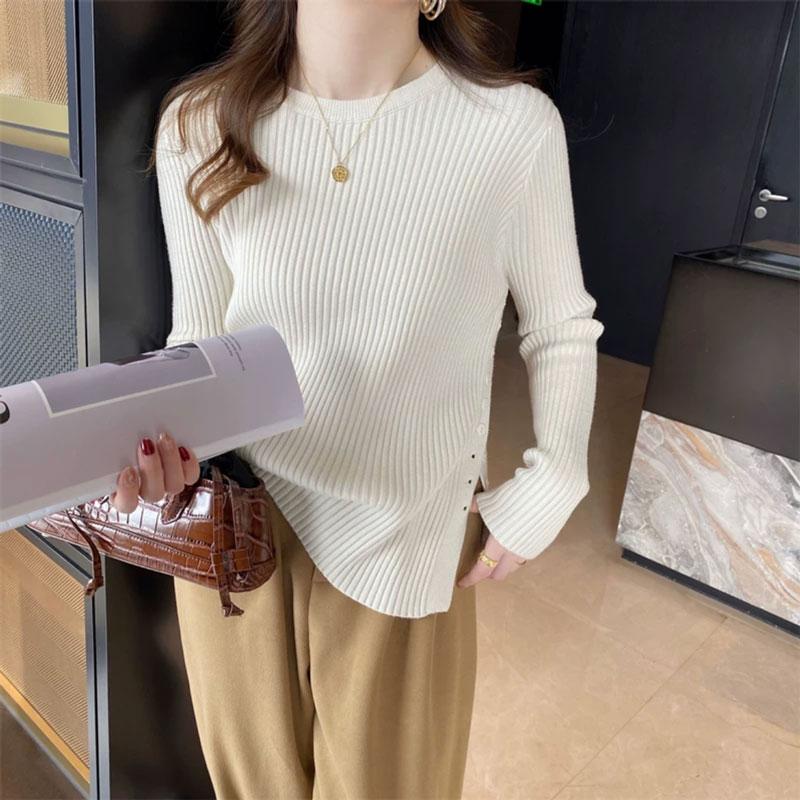 Móda Jednobarevné Pulovry Slim Fit Pletený svetr Ženy Dlouhý rukáv S výstřihem do O Ležérní Zimní Dámské Svetry Elegantní Knoflíky Dámské Svetry Pletené 25614