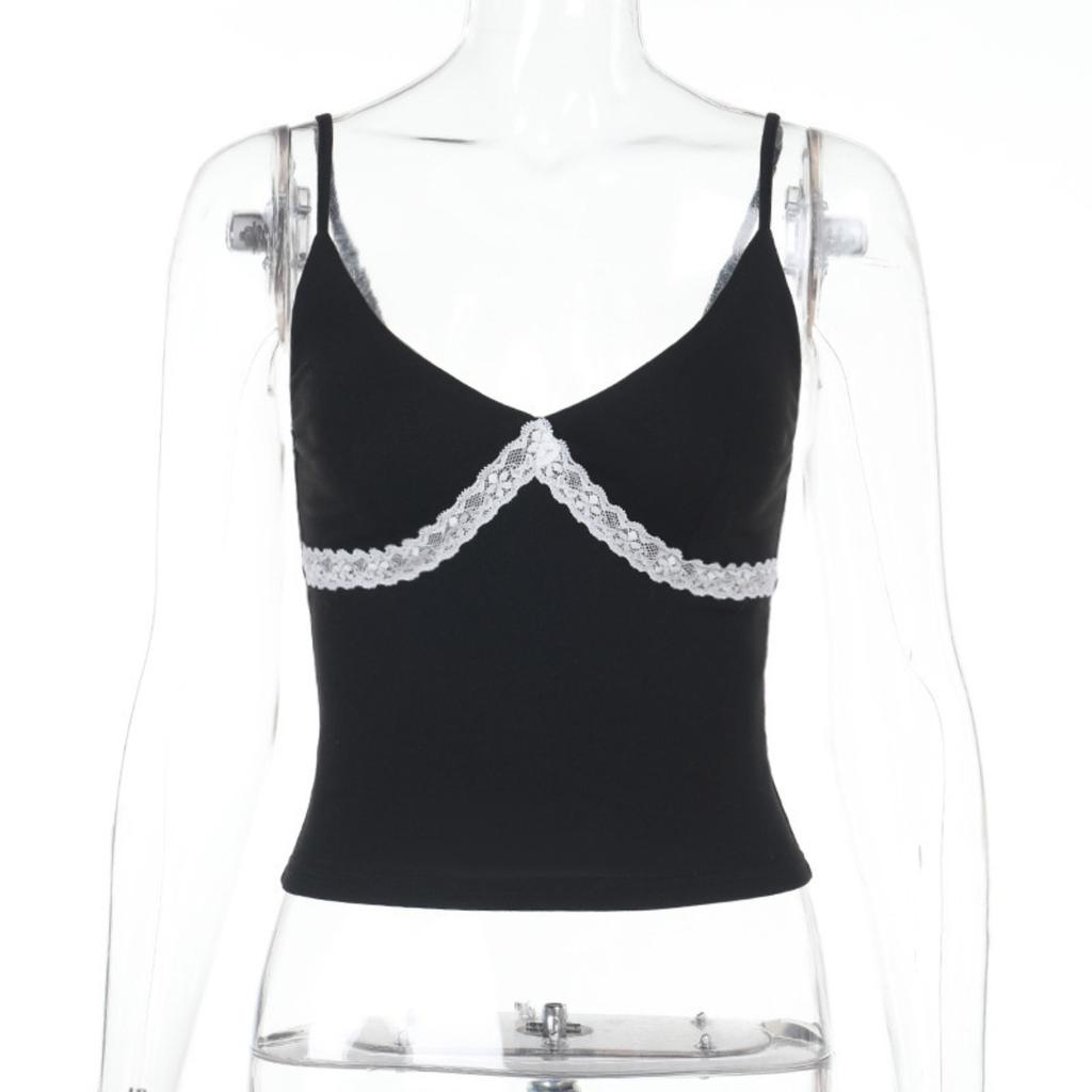 Summer New Women's Sexy V-neck Cami Top Color-block Lace Patchwork Striped Inner Tank Top for European American Y2K Girls