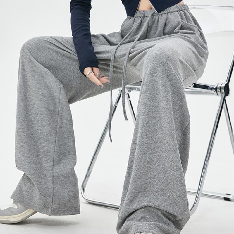 Nova Moda Sólida Casual Calças de Perna Larga para Mulheres Elegante Solta Reta Cintura Alta Calças Femininas Bolsos Cordão Calças Esportivas Femininas 25710