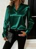 Women's Stand Collar V Neck Long Sleeve Satin Blouse Loose Elegant Work Shirt