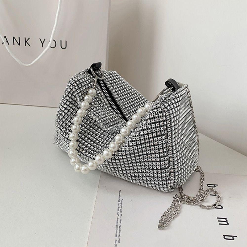 Fashion Rhinestone Shoulder Bag Pearl Chain Bag Phone Pouch Zipper Crossbody Bag for Women Handbag