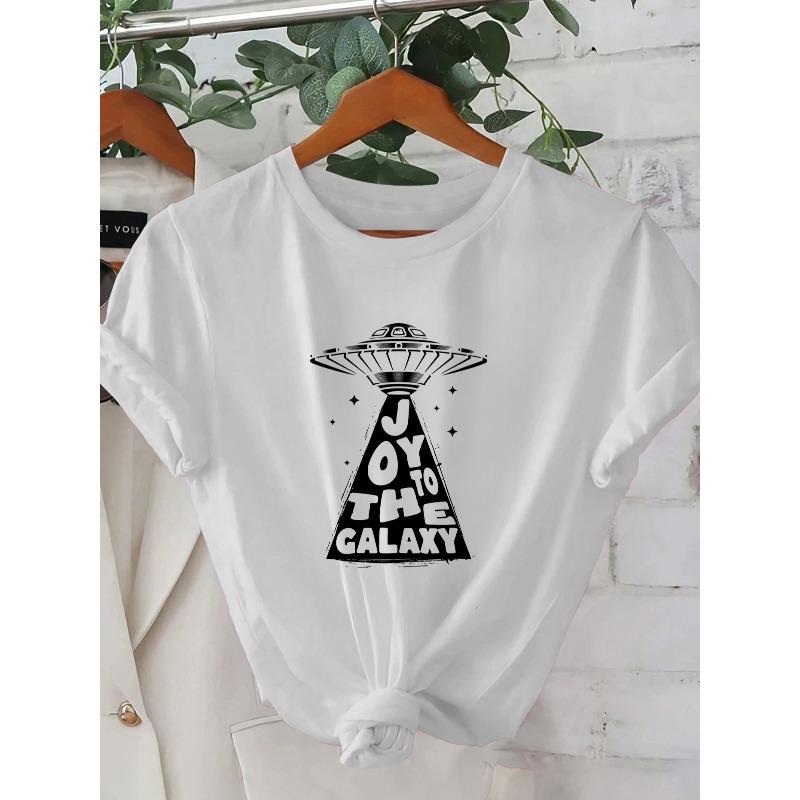 

Women S Summer Short Sleeve T-Shirt,Geometric Alien Spaceship Print with Joy to the Galaxy | Casual Street Style | Youthful Design | Comfortable Fit S белый