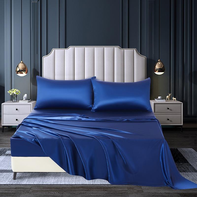 Summer Satin Silk-like Bed Sheet Set (Flat Sheet + Fitted Sheet + Pillowcase) Solid Color Mattress Cover Twin Full Queen Size