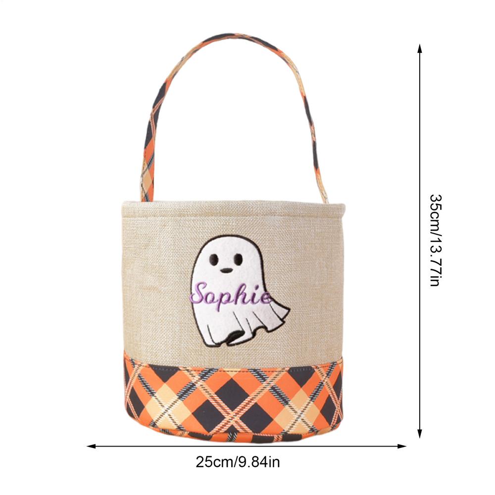 1pcs Kids Halloween Candy Bag Storage Basket Imitation Linen Plaid Fabric Design Portable Decoration Halloween Candy Bag