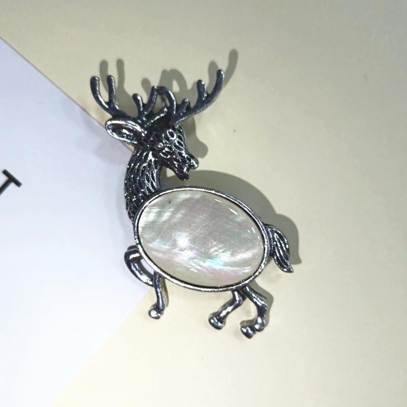Animal Deer Embellished Metal Brooch Pin With Semi Precious Shell Inlay For Romantic Gift