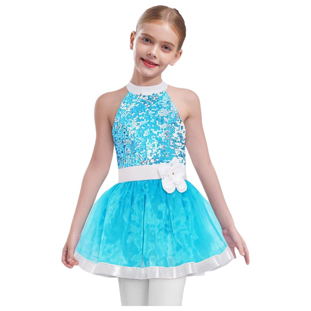Girls Shiny Sequins Layered Tulle Ballet Dance Dress Sleeveless Cutout Back Tutu Dress Built In Briefs Skirt