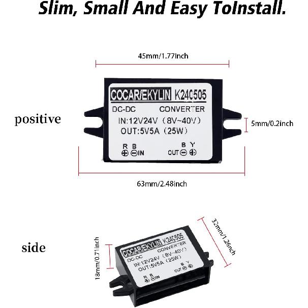 DC 12v 24v to 5v Step Down Converter Regulator 5A 25W Power Adapter Reducer for Car Electronics Truck Vehicle Boat Solar System (Accept DC 8-40V