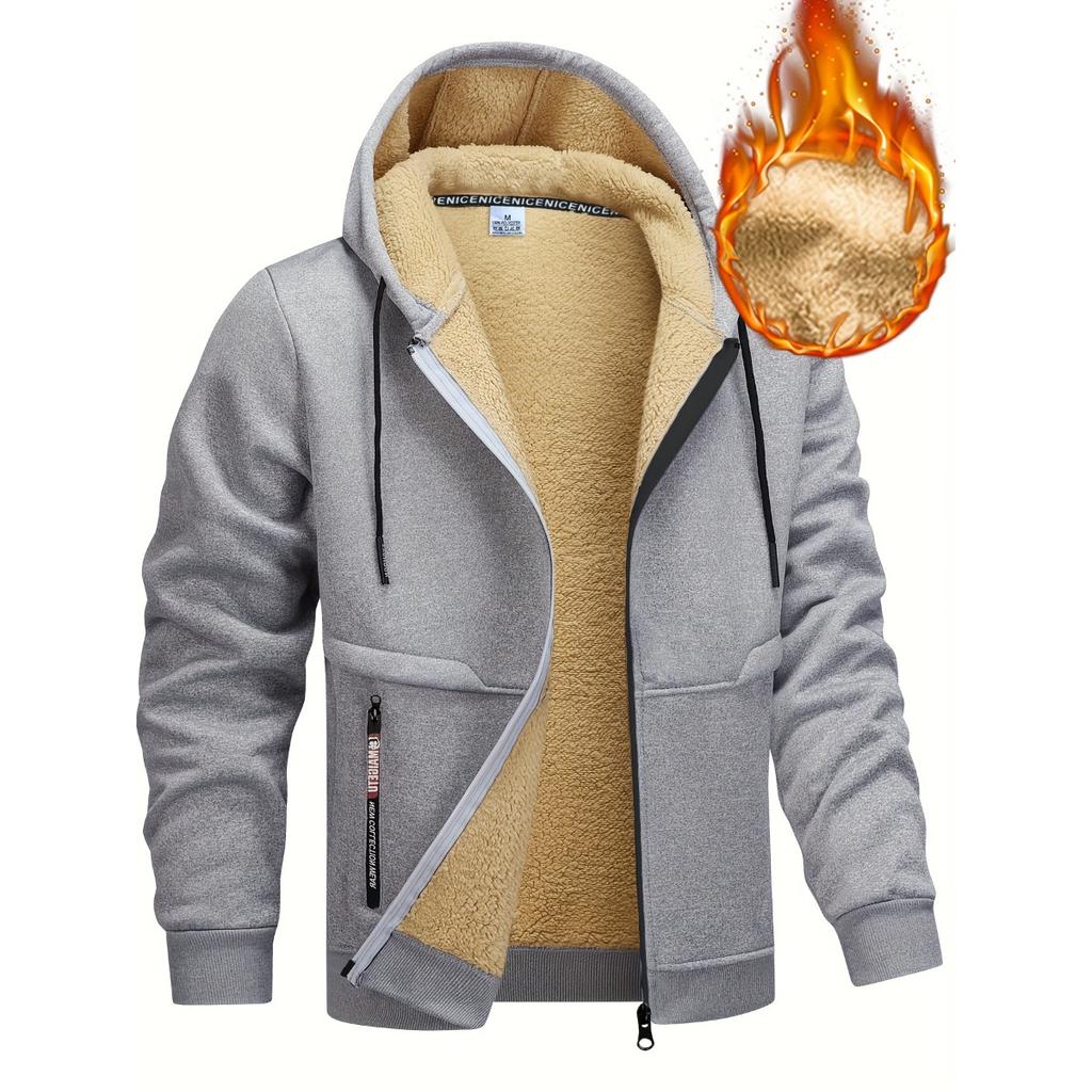 Geacă cu glugă căptușită confortabilă pentru bărbați - Casual, culoare uni albastru, cu fermoar, glugă cu șnur, buzunar cu fermoar și închidere cu nasturi în față, îmbrăcăminte cu textură moale