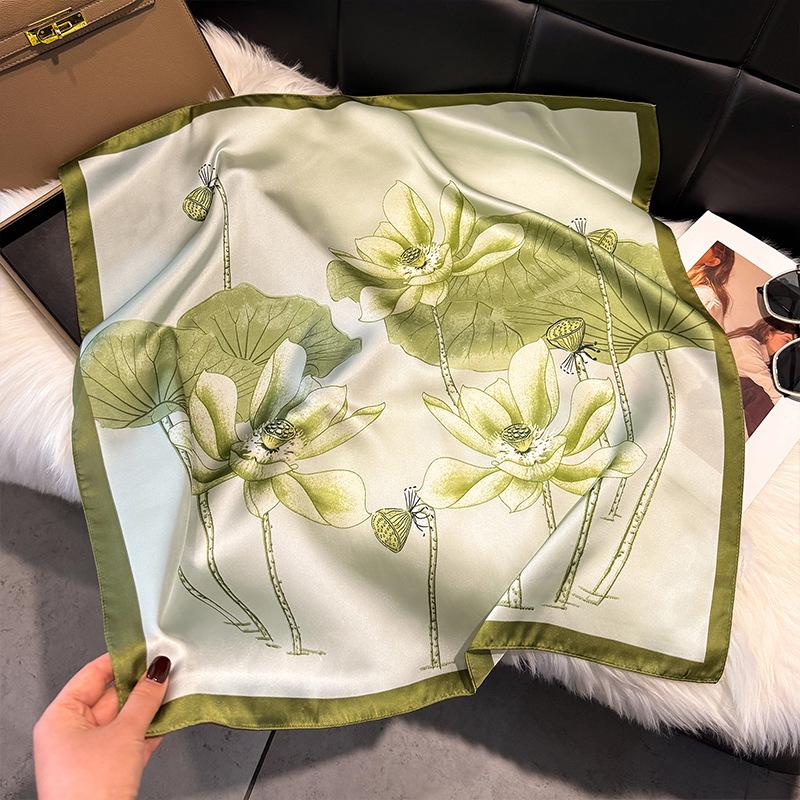French Light Luxury Floral Small Square Scarf Simulation Silk Printing Silk Scarf Headscarf Women's Spring and Summer Scarf Temperament Scarf Scarf N