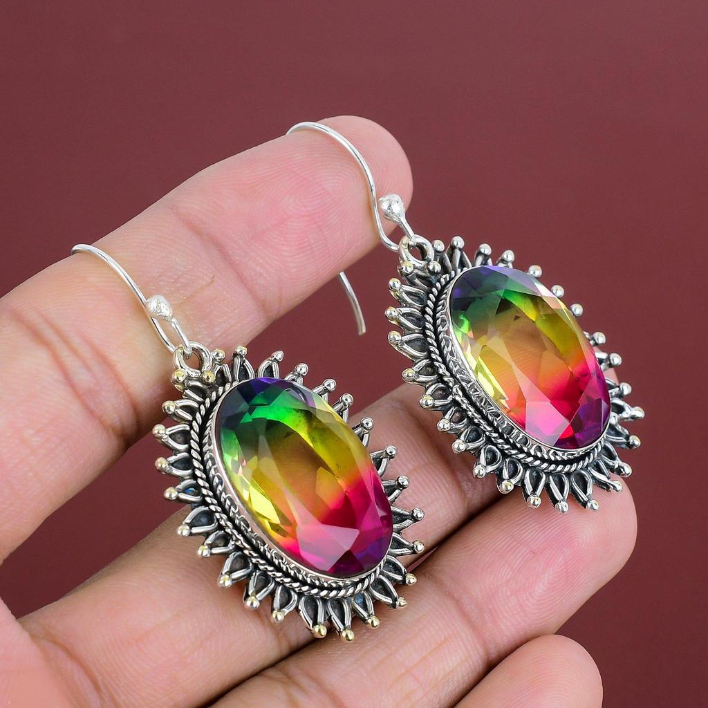 Faceted Multi Tourmaline Earring Genuine Gemstone Earring 925 Sterling Silver Earrings Handmade Jewelry Unique Design Earring Gifts For Wife