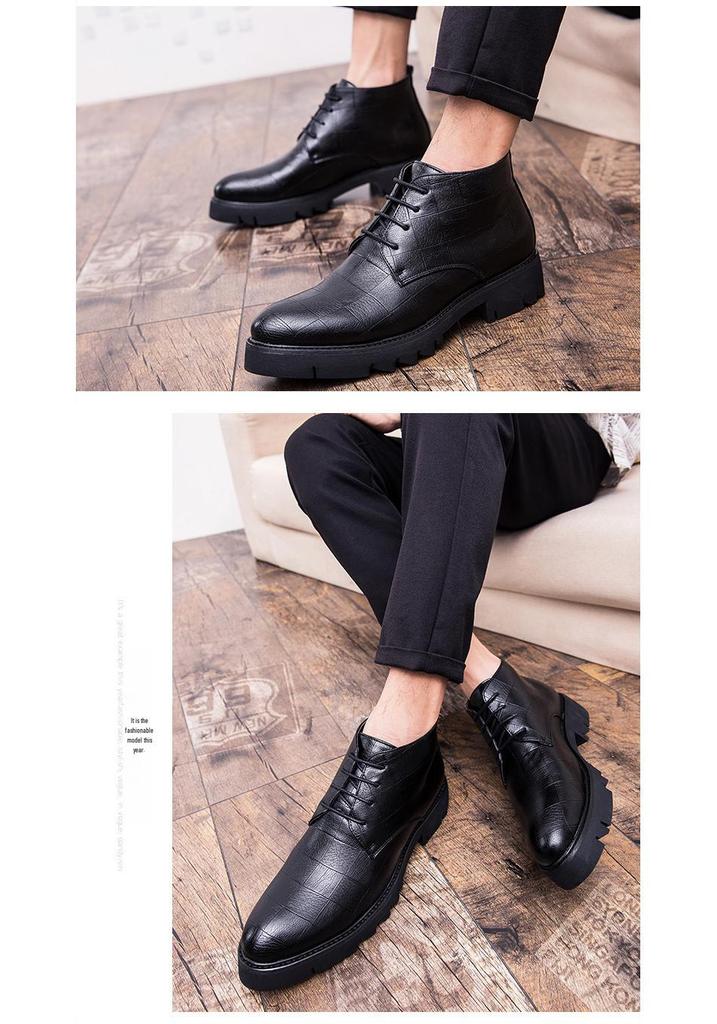 Men's High-Top British Style Leather Brogue Boots with Thick Sole and Height-Enhancing Pointed Toe.