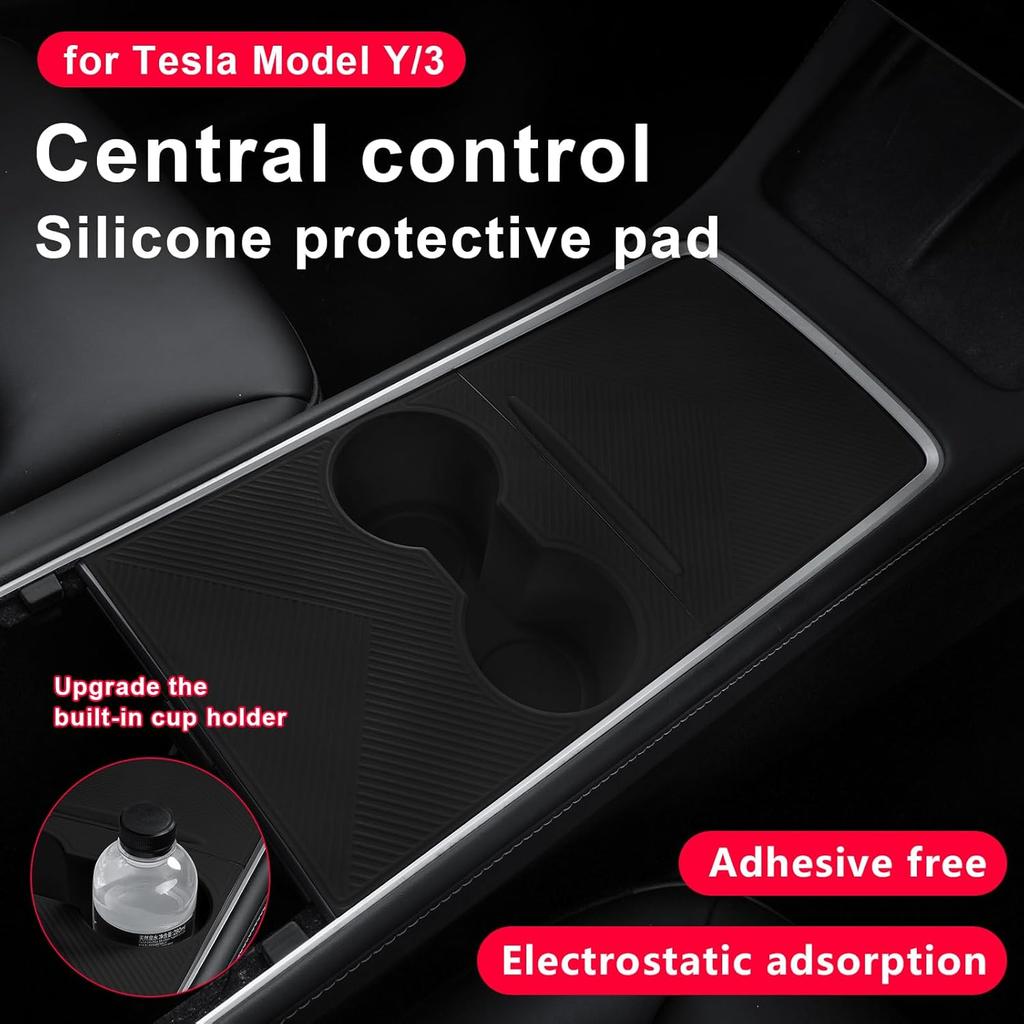 Center Console Silicone Wrap Kit With Cup Holder For Tesla Model 3 - / Model Y -2024 (Black)