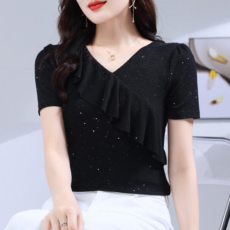 

Футболка с короткими рукавами и V-образным вырезом, оборками, женская летняя, облегающая, однотонная, из высокоэластичной сетки, топы Blusas XXS