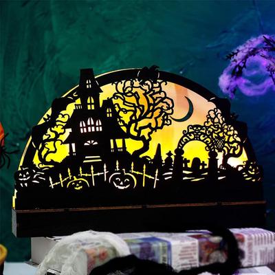 Halloween Table Decoration with Light Craft Tabletop Centerpiece Home Decor Wooden Haunted House