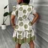 Plus Size Women Polo Collar Patchwork Puff Sleeve Casual A Line Short Mini Dress