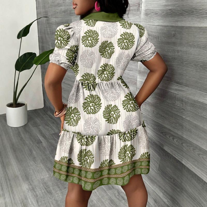 Plus Size Women Polo Collar Patchwork Puff Sleeve Casual A Line Short Mini Dress