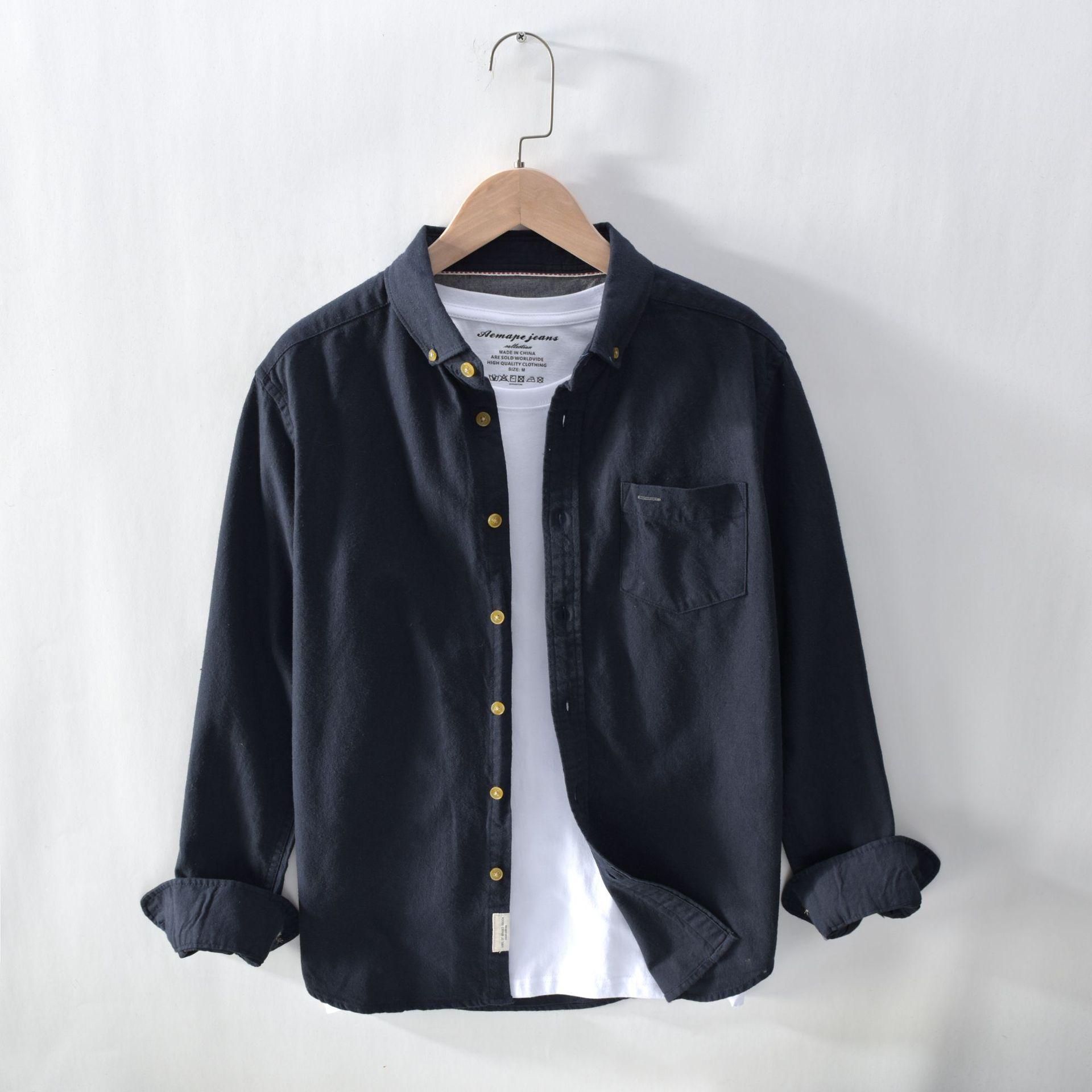 

Осенние мужские повседневные рубашки Корейский простой стиль Мужская одежда Повседневная рубашка с отложным воротником, длинным рукавом, на пуговицах и с карманом XXXL темно-синий