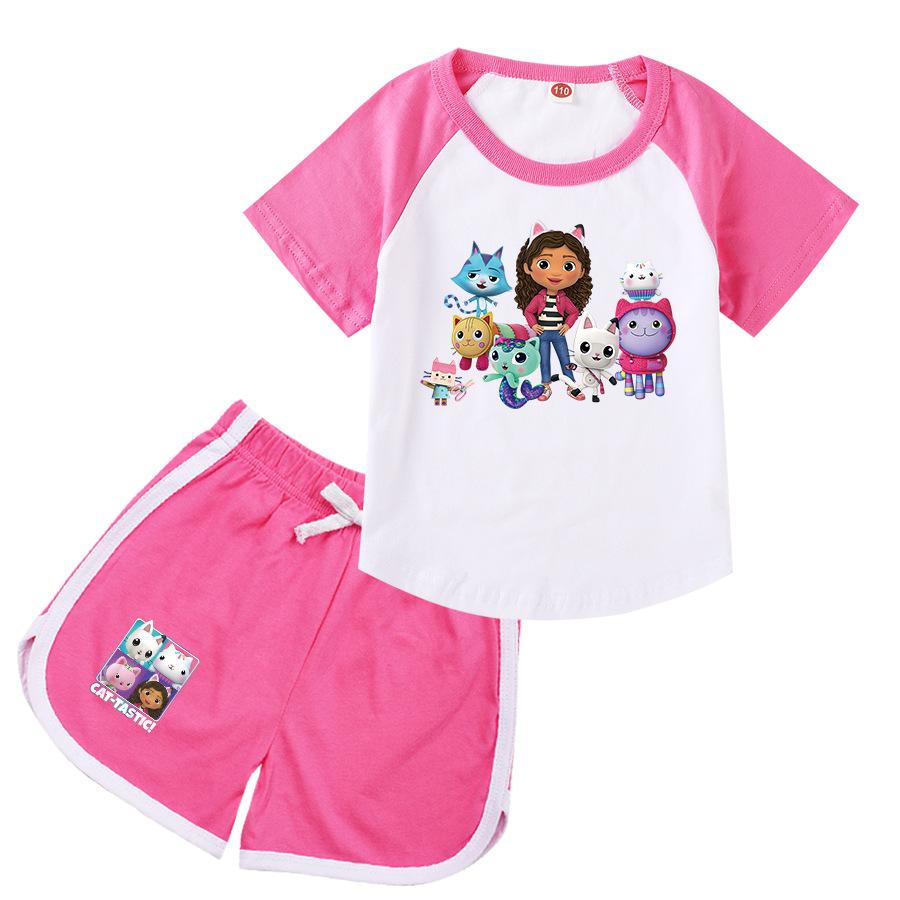 Gabby s Dollhouse Girls Sportswear Set Toddler Boy Clothes Summer Pajamas Gabby Cats Cotton Short Sleeve T Shirt+Shorts Costume 100cm