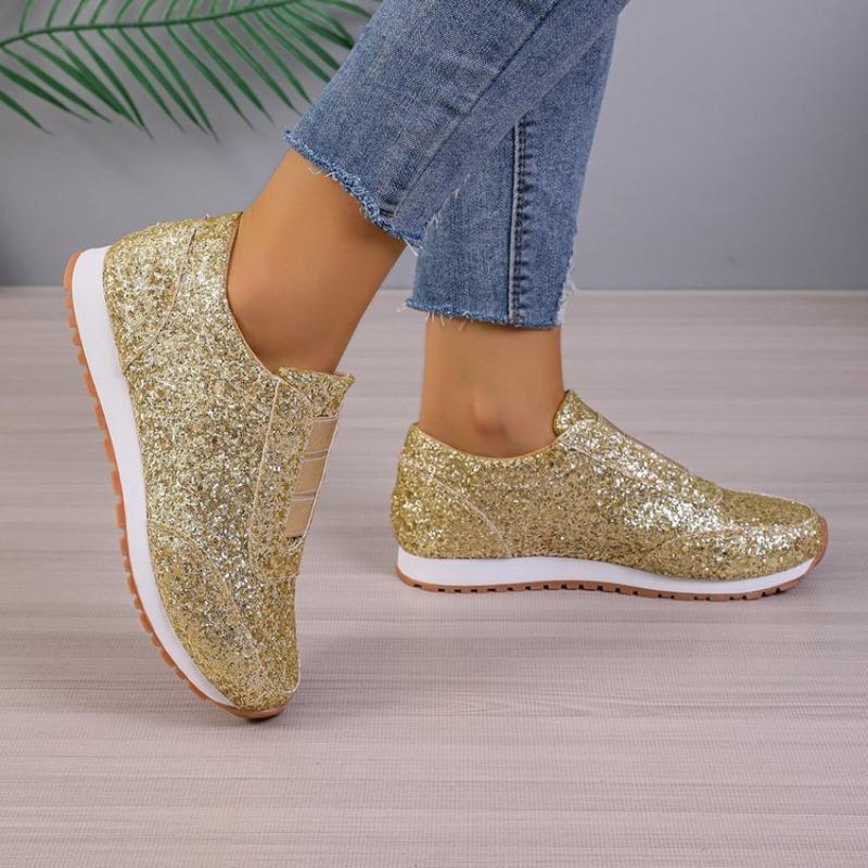 Fashion Women Shoes Autumn Fashion Women Slip on Sneakes Sequin Outdoor Flat Casual Sports Walking Loafers Platform Vulcanize Shoes