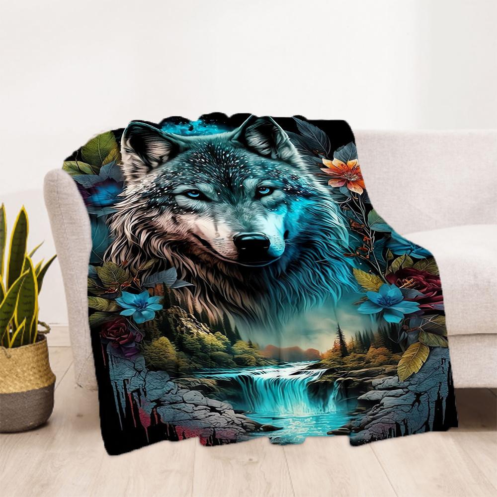 1pc Wolf Fantasy Flannel Blanket, Comfortable and Warm Blanket, for Camping Sofa Bed and Couch Office013