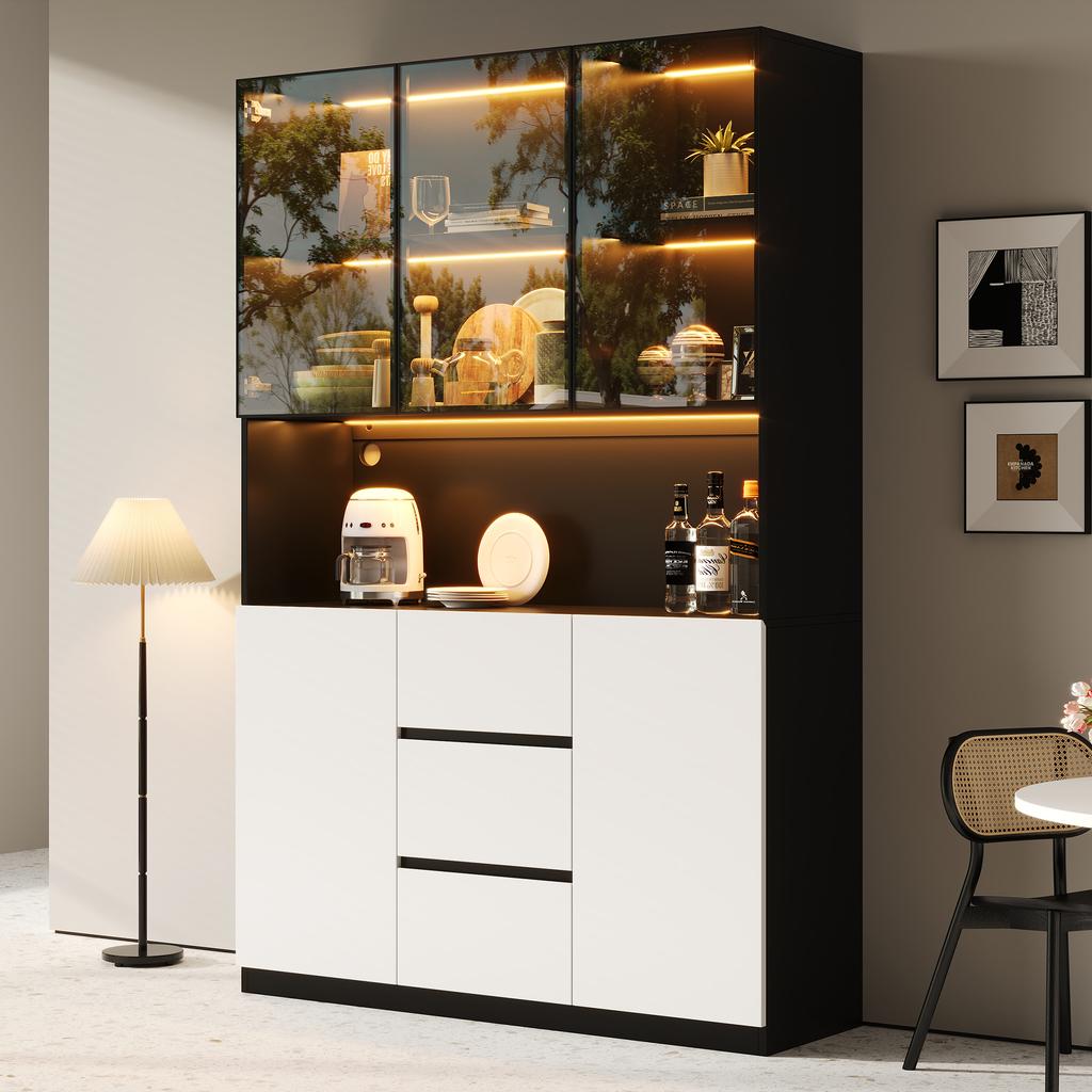 LED-beleuchteter Glasvitrinenschrank 120×40×200 cm – Gehärtetes Glas mit Regalen, Drei Schubladen und Zwei Türen, Vielseitig für Wohn- und Esszimmer.