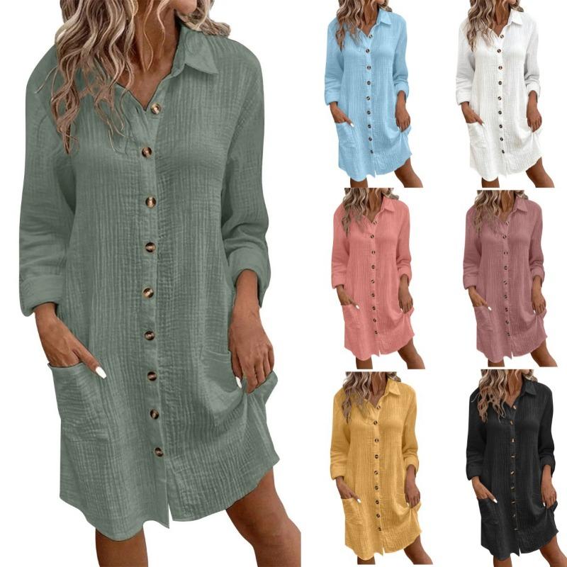 Women S Solid Cotton Linen Long Sleeve Mid Length Shirt Dress Casual