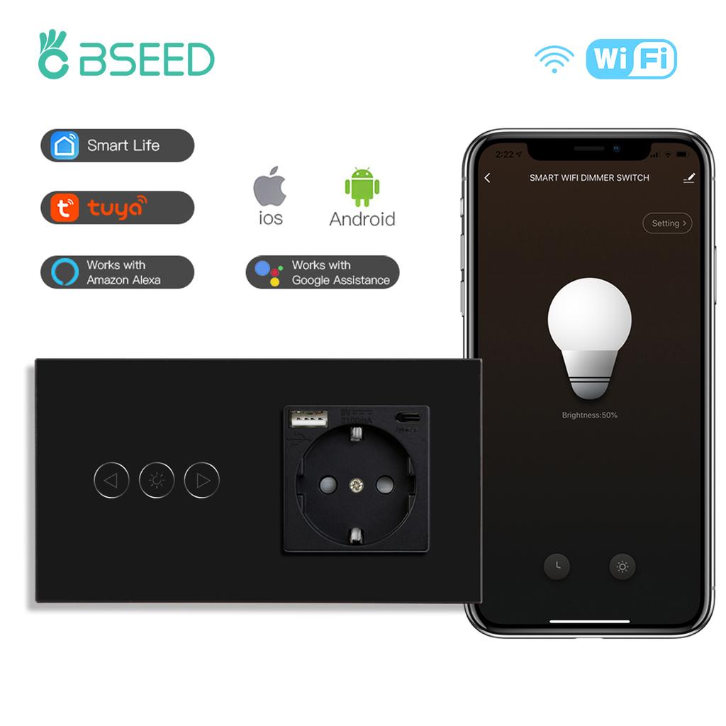 BSEED Wifi Smart Dimmer Switches Tuya Smart Life Goolgle Home Control Plus Normal Type-c USB EU Socket Glass Panel Black