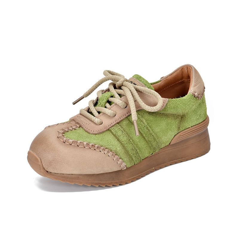 

Johnature Туфли ручной работы на плоской подошве, разноцветные туфли на шнуровке, повседневная женская обувь из натуральной кожи, универсальные кроссовки 40 зелёный