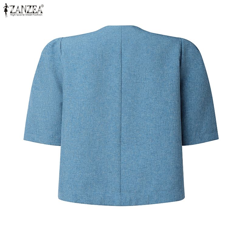 ZANZEA Damen Lässige Runde Hals Sommer Kurzarm Knopf Bluse