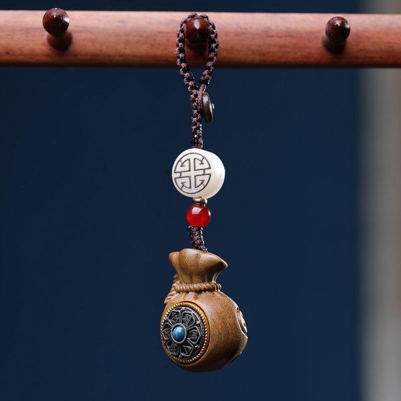 Rosewood and Green Sandalwood Qian Fudai Car Keychain Pendant and Phone/Bag Chain