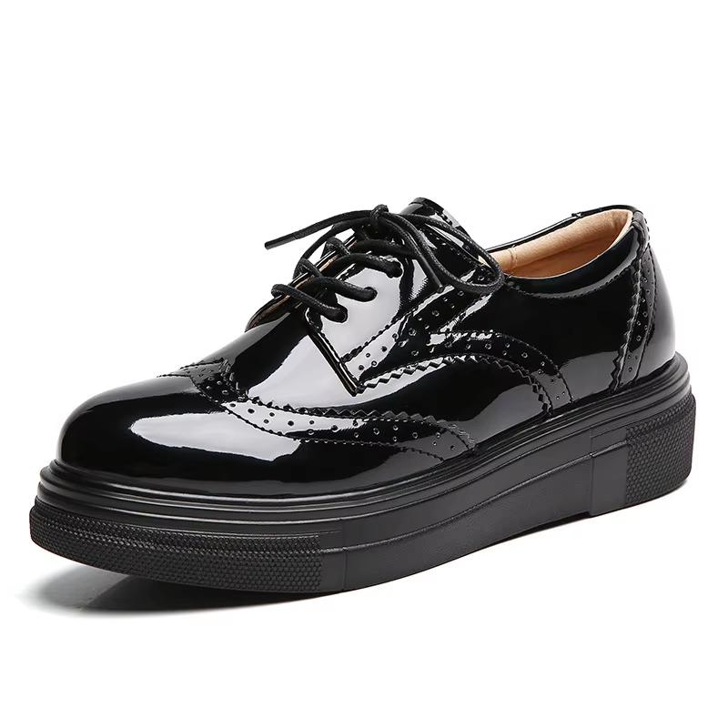 Women's Oxford Flats - Genuine Leather Wingtips Lace-Up Comfort Brogue Derby Patent Platform Casual Shoes for Spring Autumn