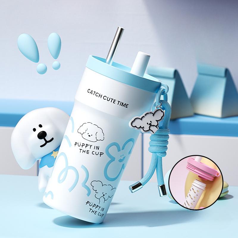 Новая стальная термокружка Стильная двойная кружка-поилка со встроенной трубочкой Офисная кружка Автомобильная кофейная кружка Прочная Прочная Полезная Полезная 500ml