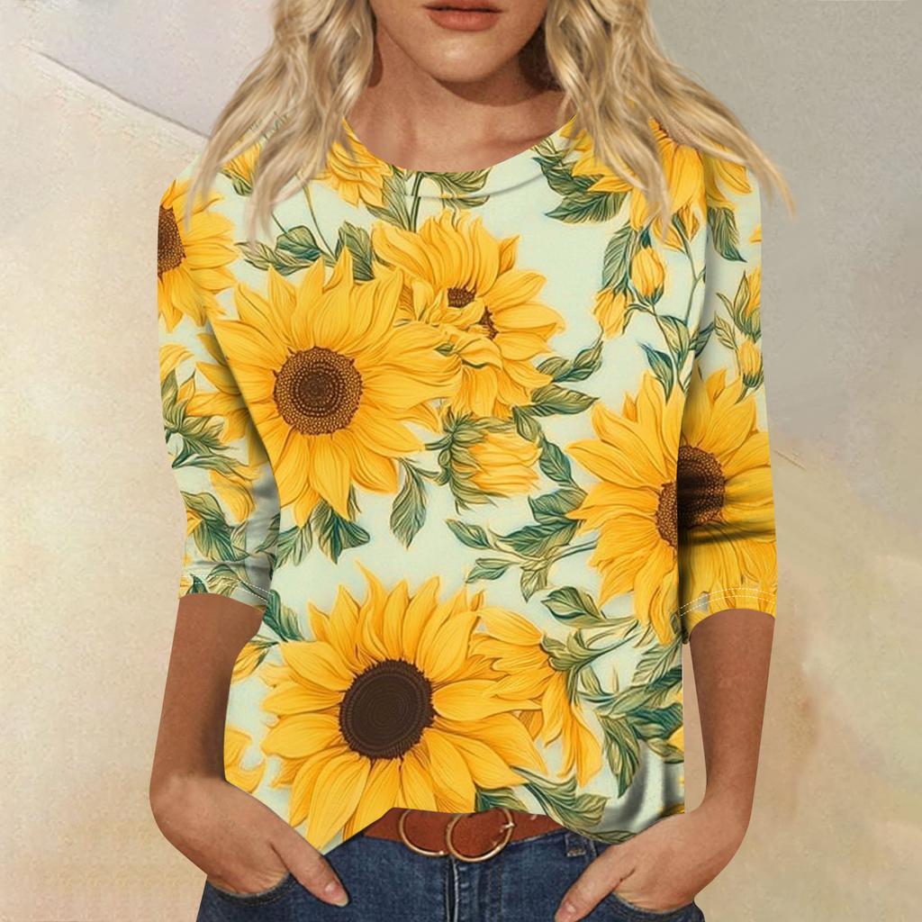 Women's Fashionable Casual Round Neck Three-Quarter Sleeve Printed T-Shirt Top