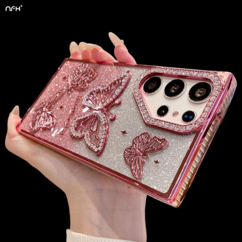 

Для Samsung Galaxy S25 Ultra Роскошный Блестящий Страз Бабочка Гальванизированная Рамка Для Samsung S23 FE S24 S25 Plus Защитный Чехол Galaxy S24