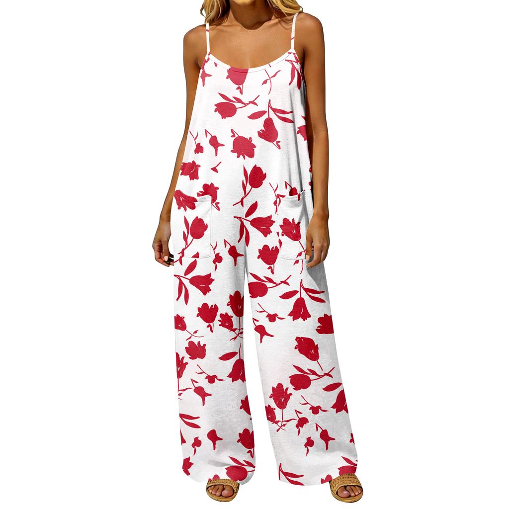 Damen Jumpsuit im Vintage-Stil, lockere Passform, ärmellos, baumwollähnlicher Stoff, Blumendruck, Latzhose mit weitem Bein und Taschen, rückenfreies Design