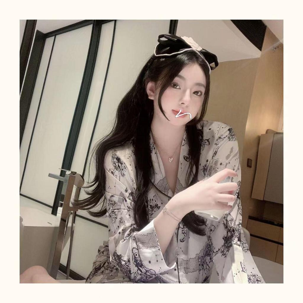 Women's Floral Silk Pajamas - Long-Sleeved, Thin & Stylish Korean Homewear for Spring/Autumn