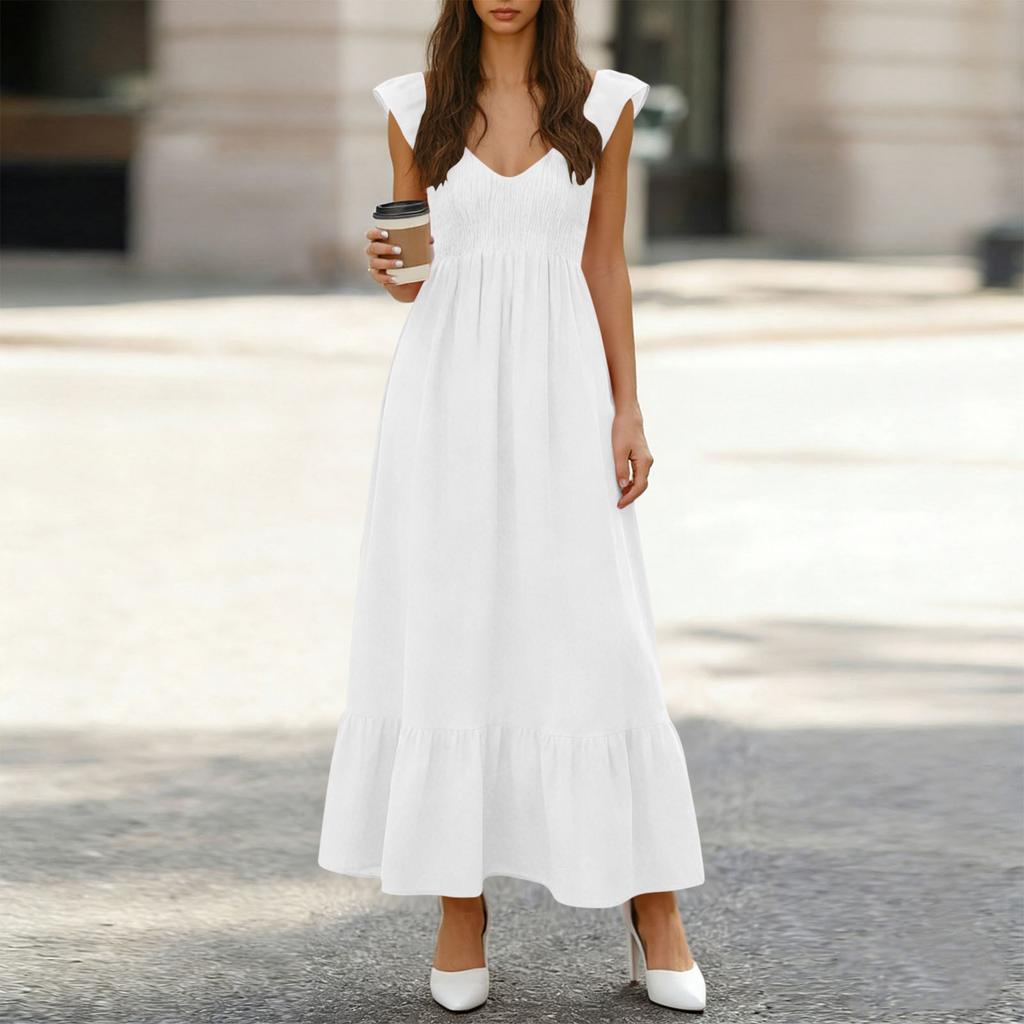 Women's Fashionable V-neck Casual Loose High Waisted Color Ruffle Sleeveless Pleated Long Dresses