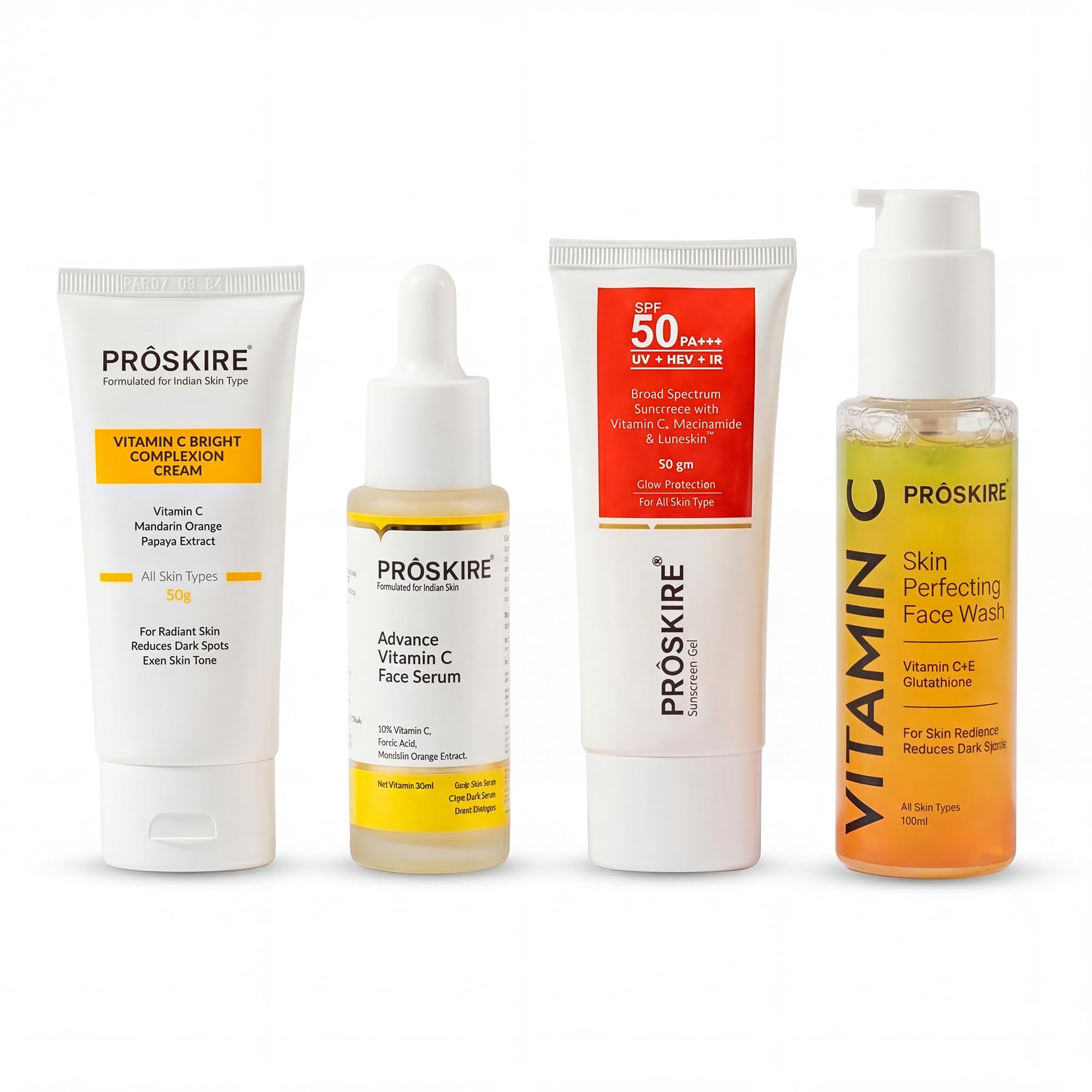 Proskire 7 Days Skin Reset kit For Brighter Skin- Vitamin C Serum, Moisturizing Cream, Cleanser & Sunscreen