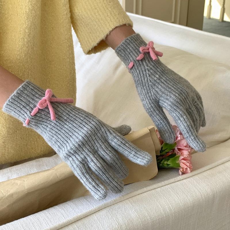 Damen Strick Schleifenhandschuhe Winter Warm Touchscreen Handschuhe Vollfinger Kawaii Japanische Jk Fahrradhandschuhe Y2K Accessoires