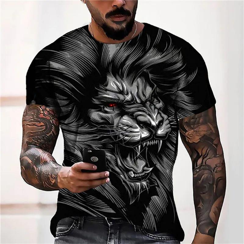 Summer Men's T-shirt with Lion Pattern 3D Digital Printing Round Neck Short Sleeved T-shirt Hip-hop Casual Shirt