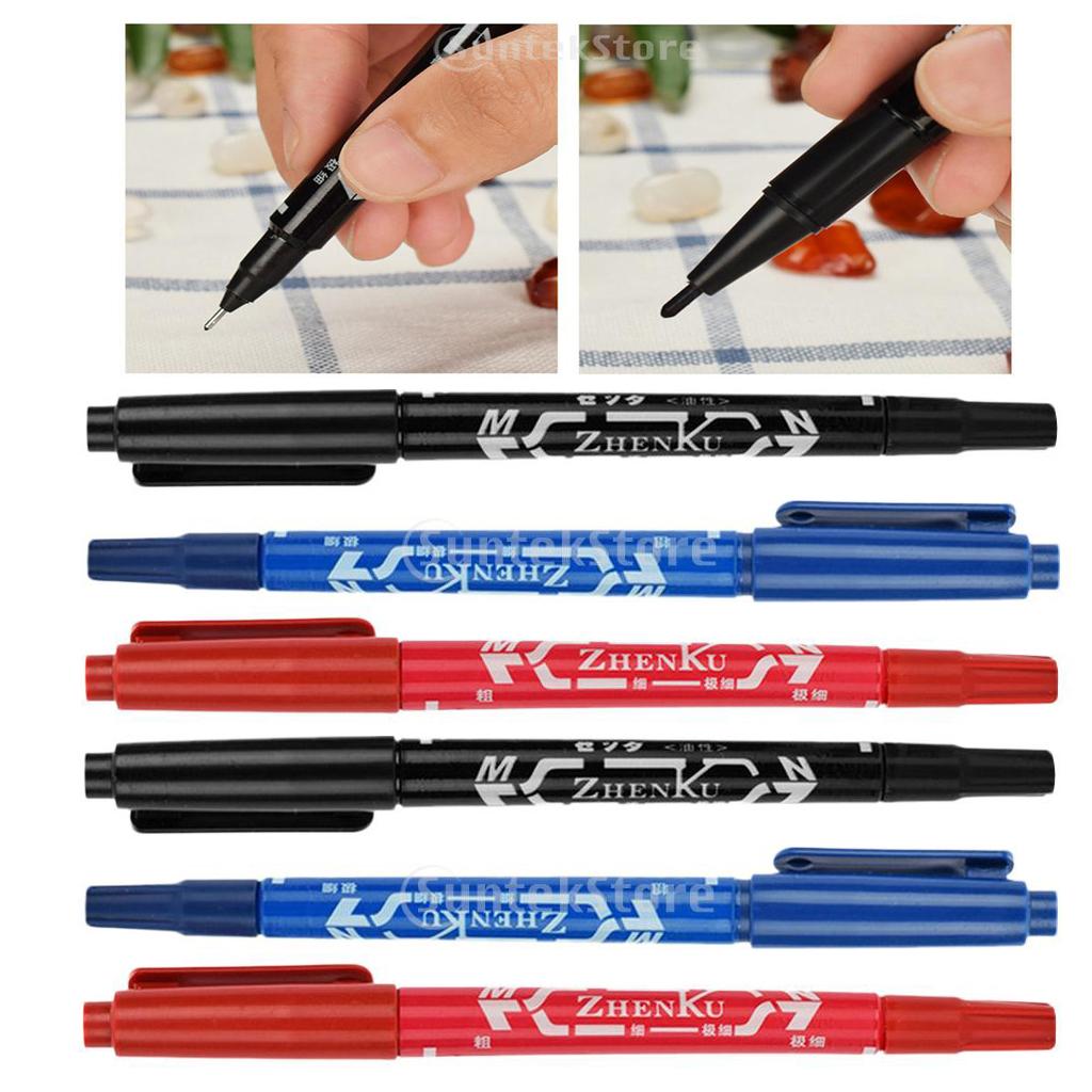 6 Pcs Skin Marking Pen Double Ended W/Fine Thick Tip Black/Blue/Red